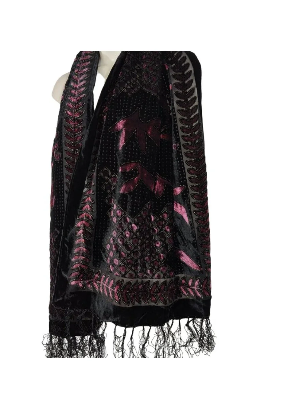 Black Pink Viscose Silk Flocked Scarf Wrap Fringe Lightweight Unbranded
